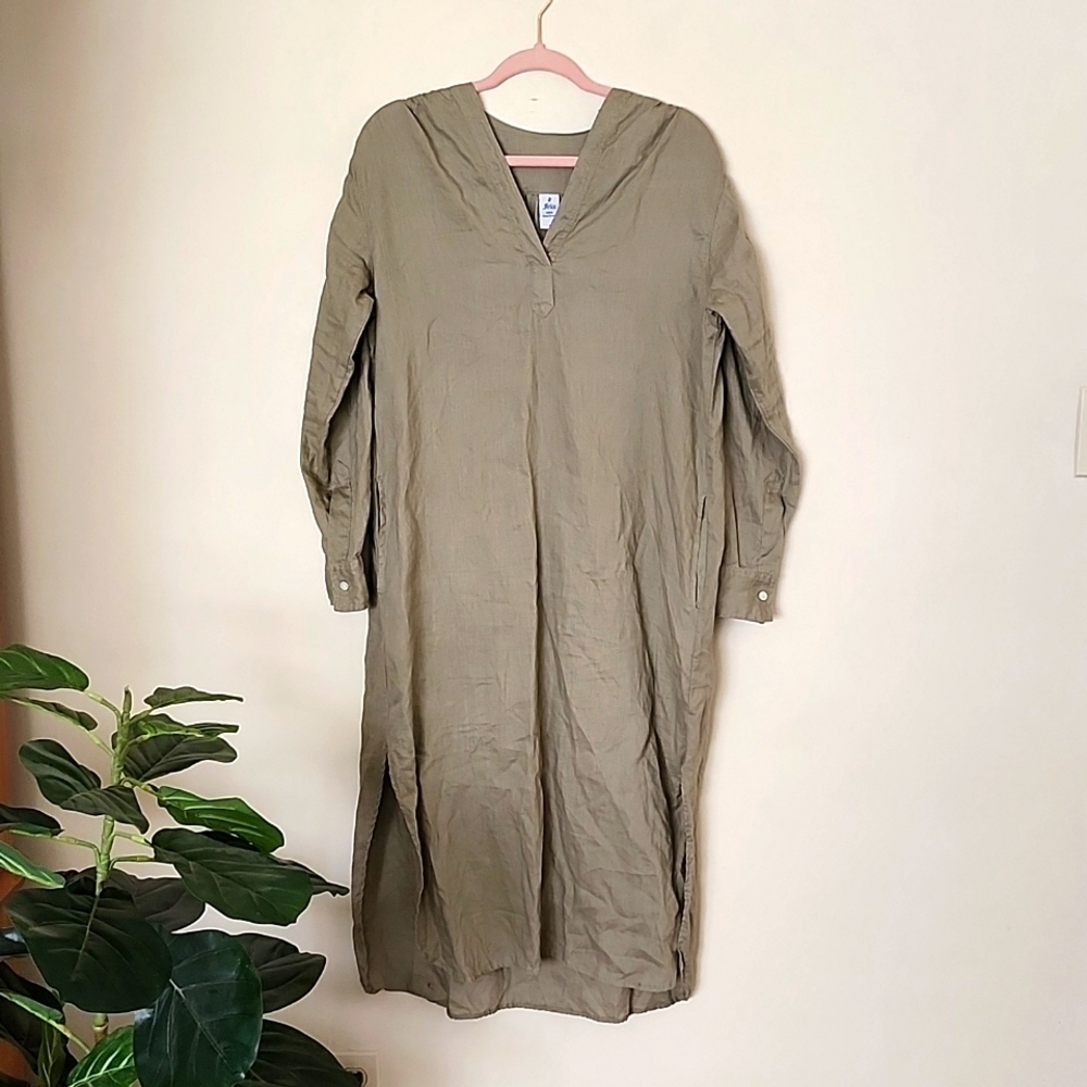 Felix Linen Shirt Dress Olive Green Chic Straight Fit Dual Side Slits Deep VNeck